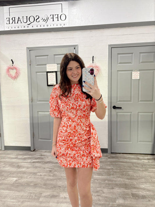 Ruched Floral Puff Sleeve Dress