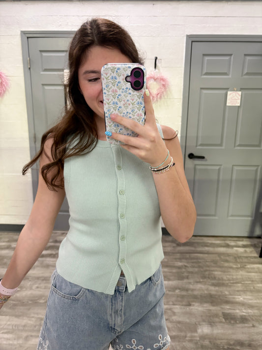 Mint Button Down Sleeveless Top