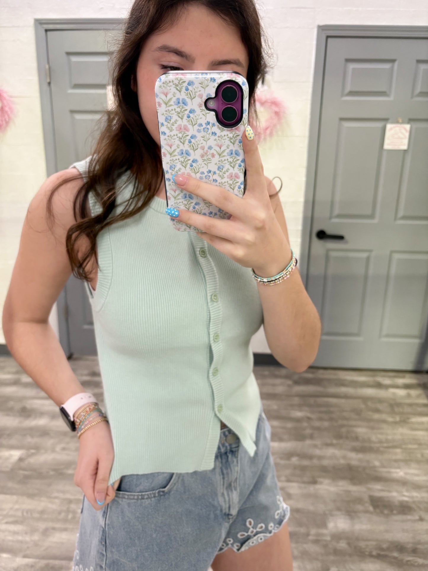 Mint Button Down Sleeveless Top