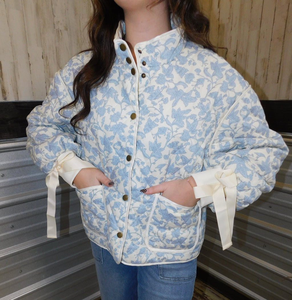 Floral Quilted Jacket with Bow Detail