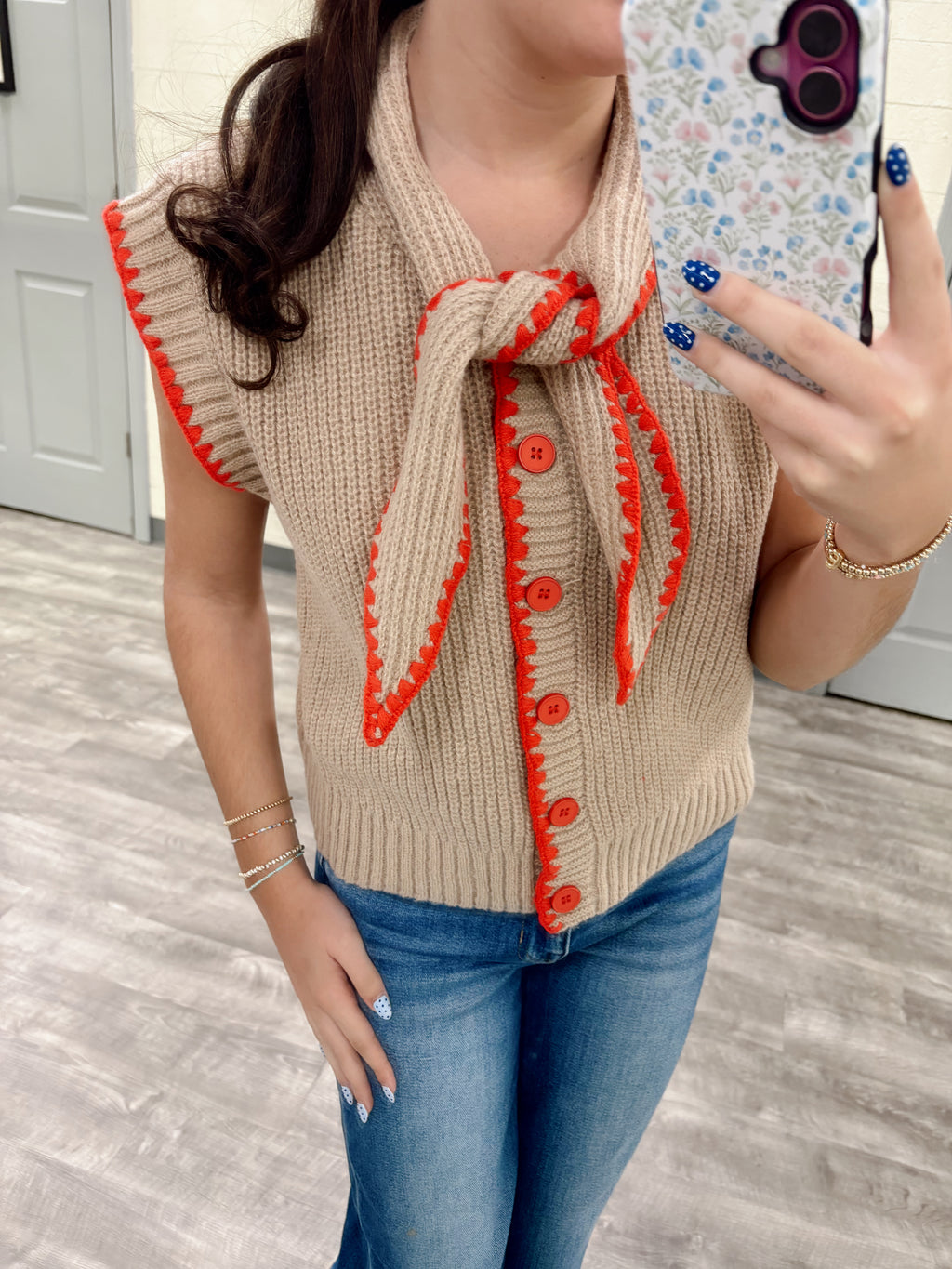 Tie Neck Brown/Red Sweater