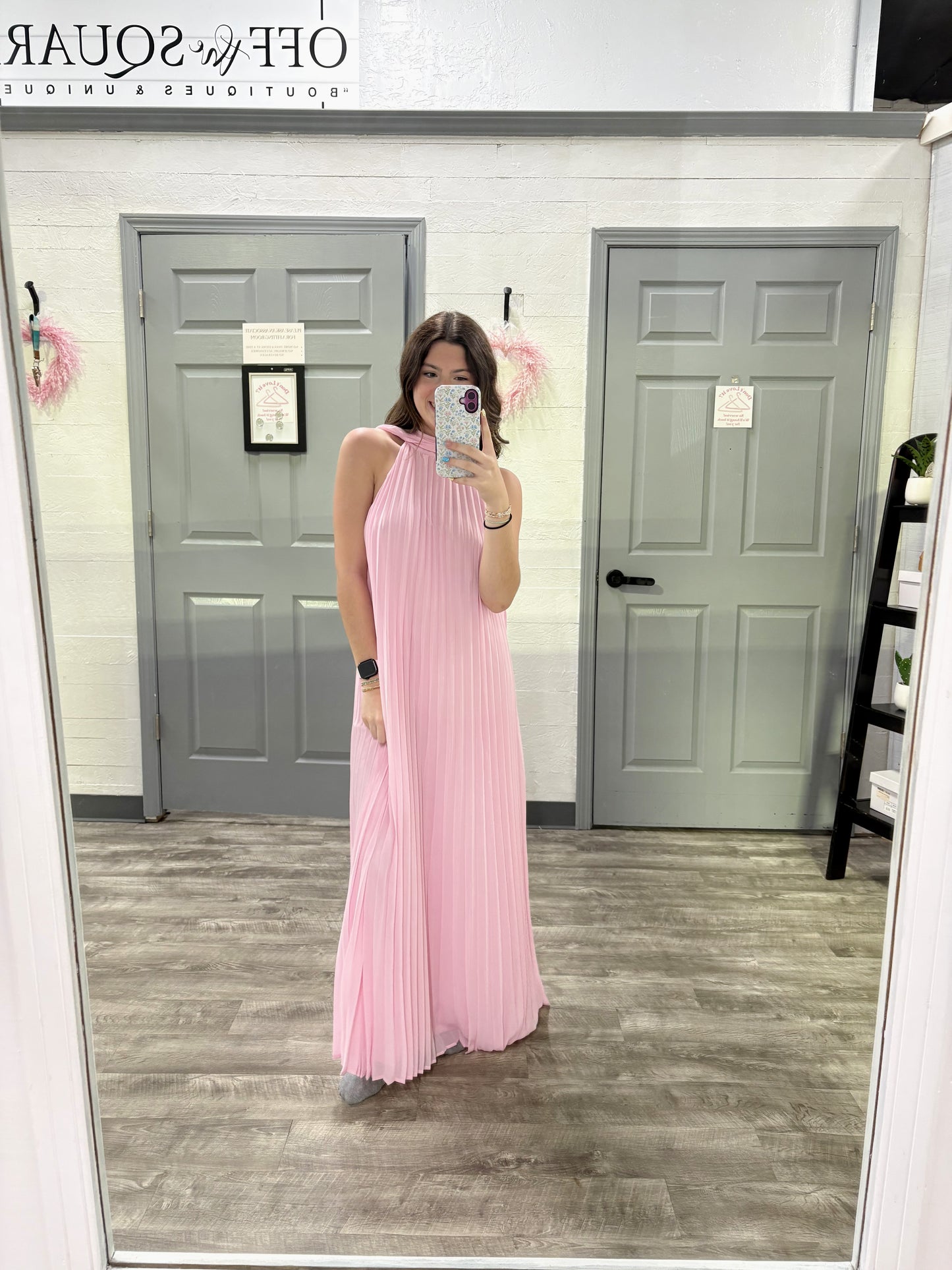 Pink Pleated Dress w Neck Scarf