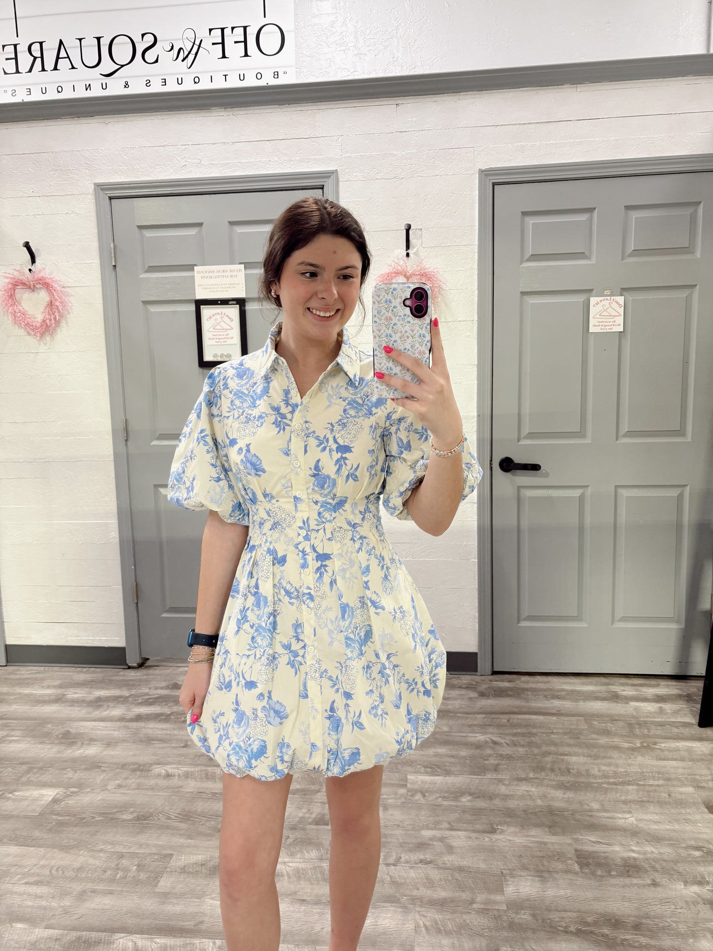 Blue/Butter Floral Bubble Dress