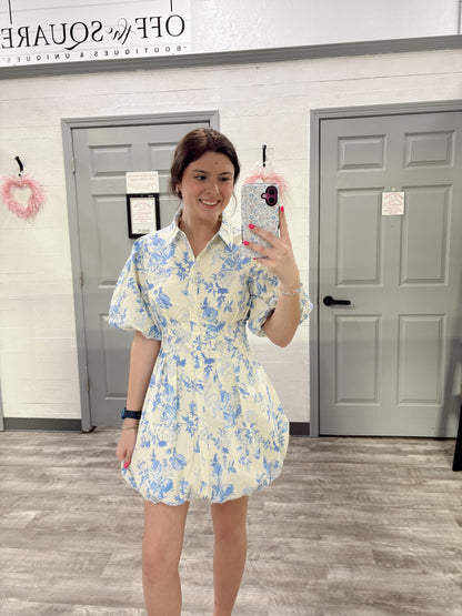 Blue/Butter Floral Bubble Dress