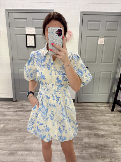 Blue/Butter Floral Bubble Dress
