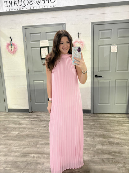Pink Pleated Dress w Neck Scarf