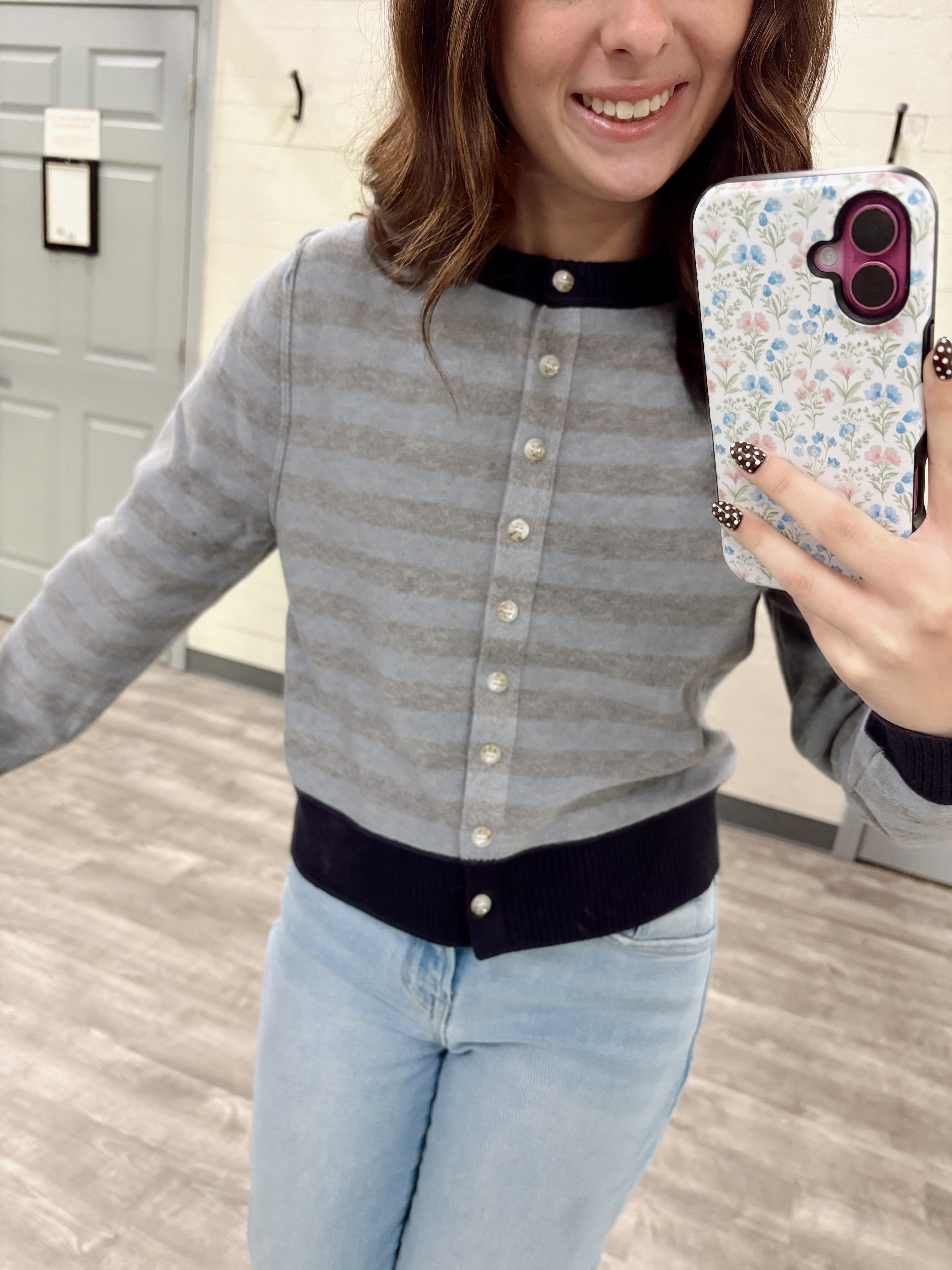 Gray/Blue Stripe Cardigan Top