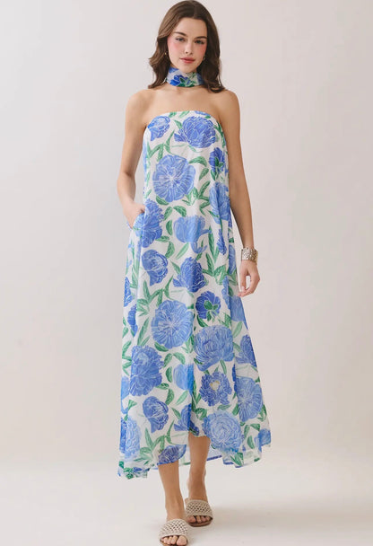 Blue Floral Strapless Dress w Neck Scarf