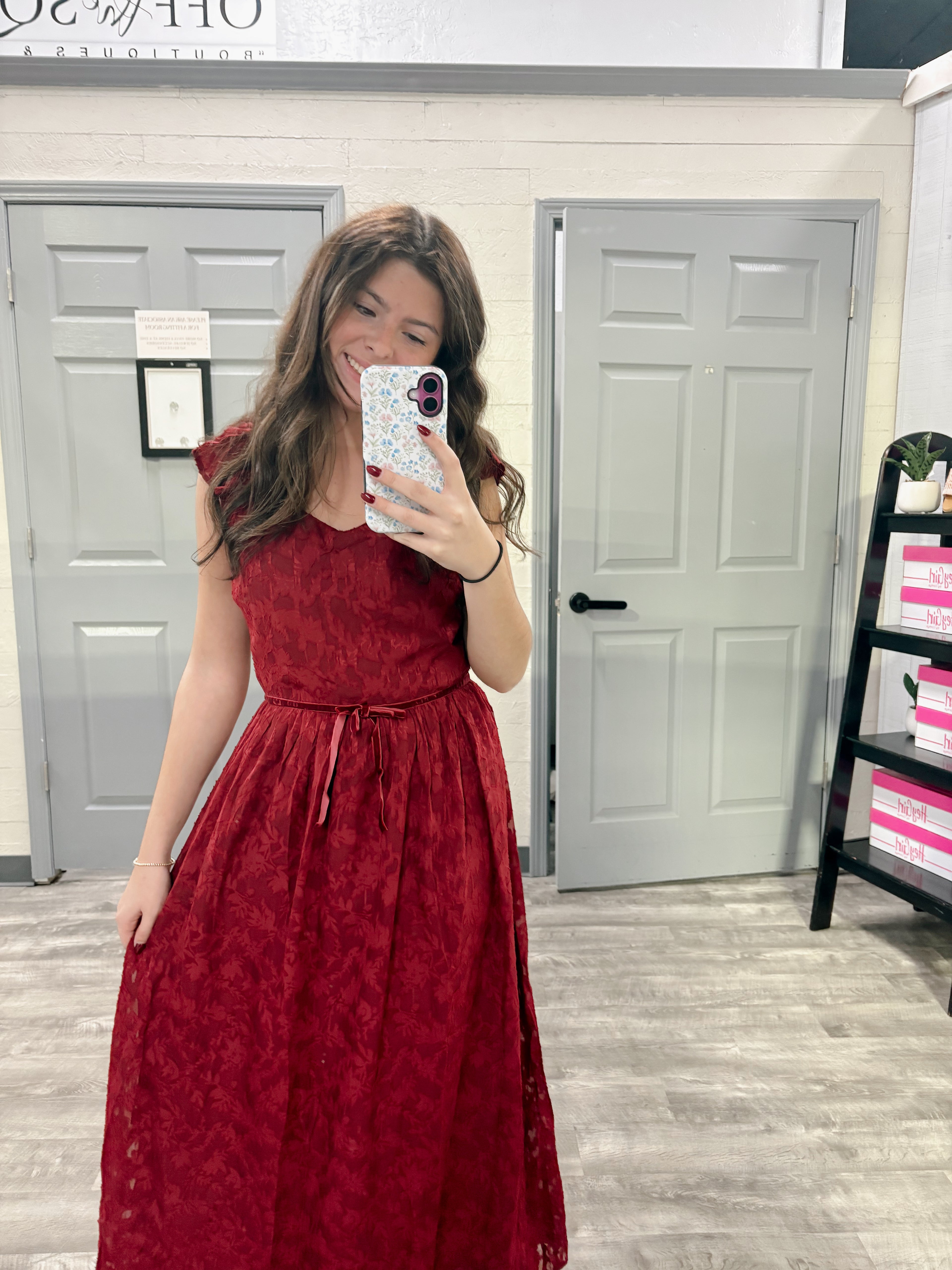 Velvet Waist Jacquard Midi Dress