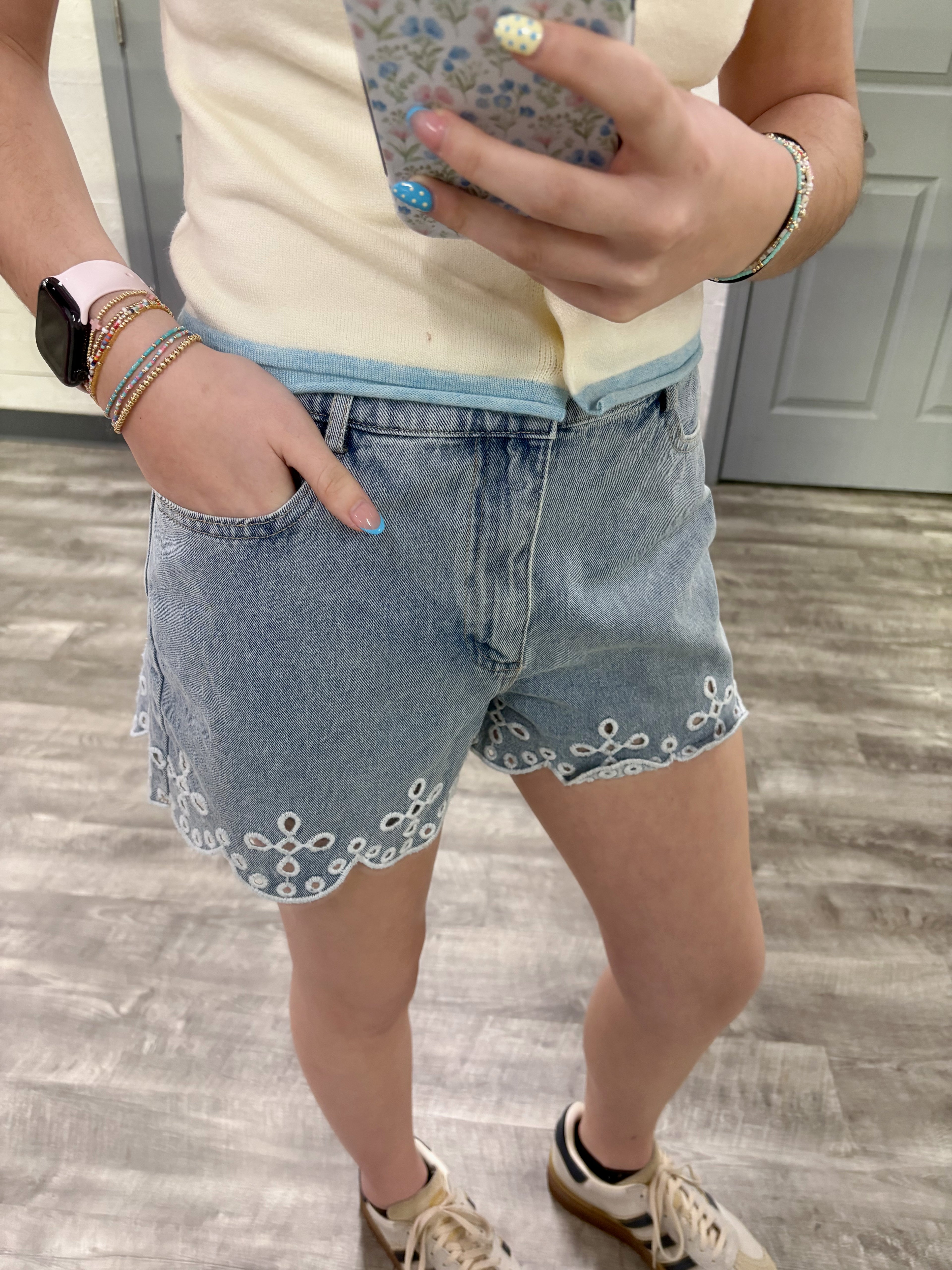 Scallop Eyelet Denim Shorts