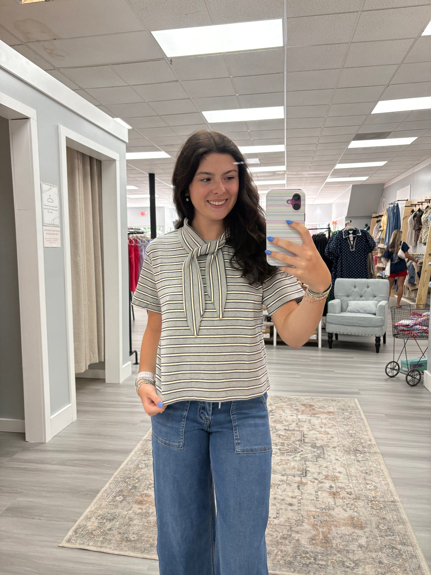 Grey Stripe Top w Neck Tie
