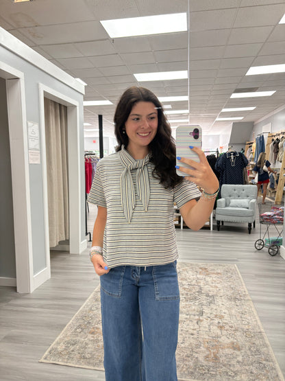 Grey Stripe Top w Neck Tie
