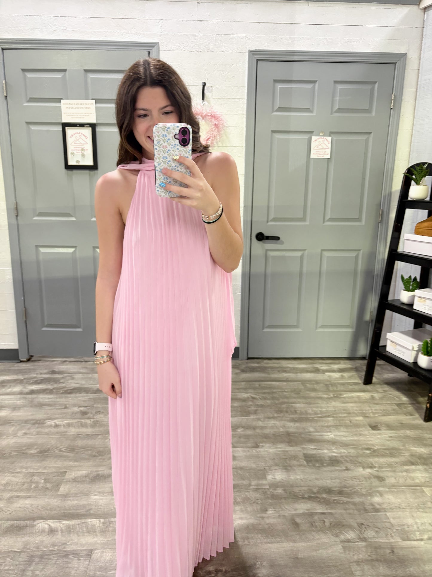 Pink Pleated Dress w Neck Scarf