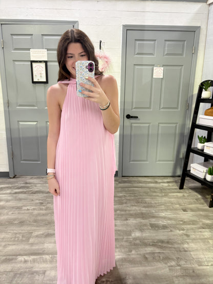 Pink Pleated Dress w Neck Scarf