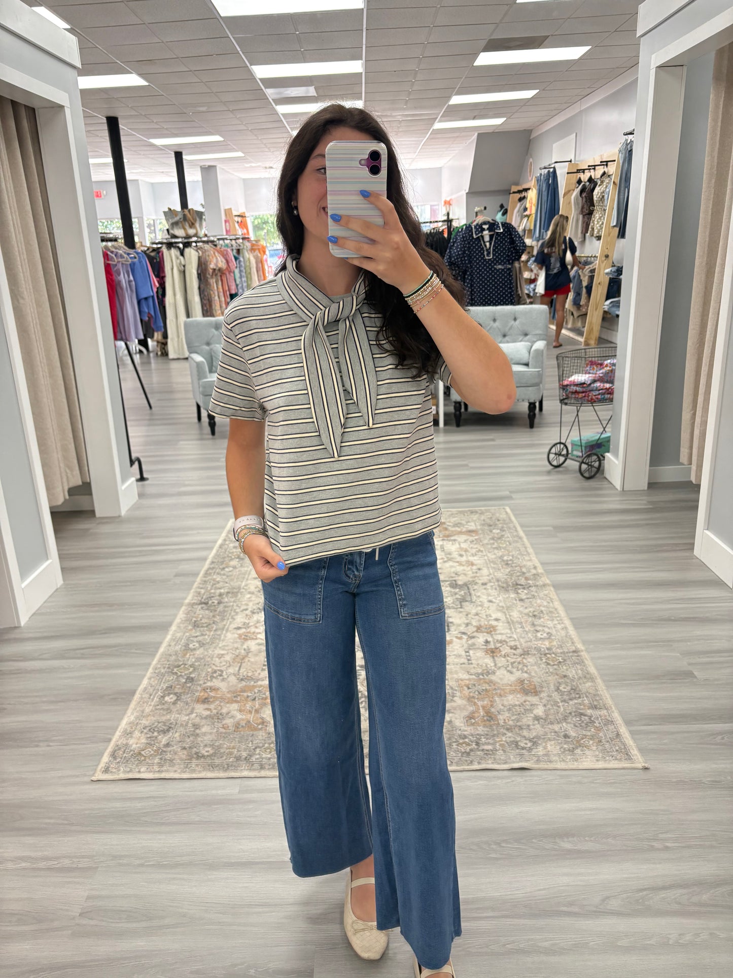 Grey Stripe Top w Neck Tie