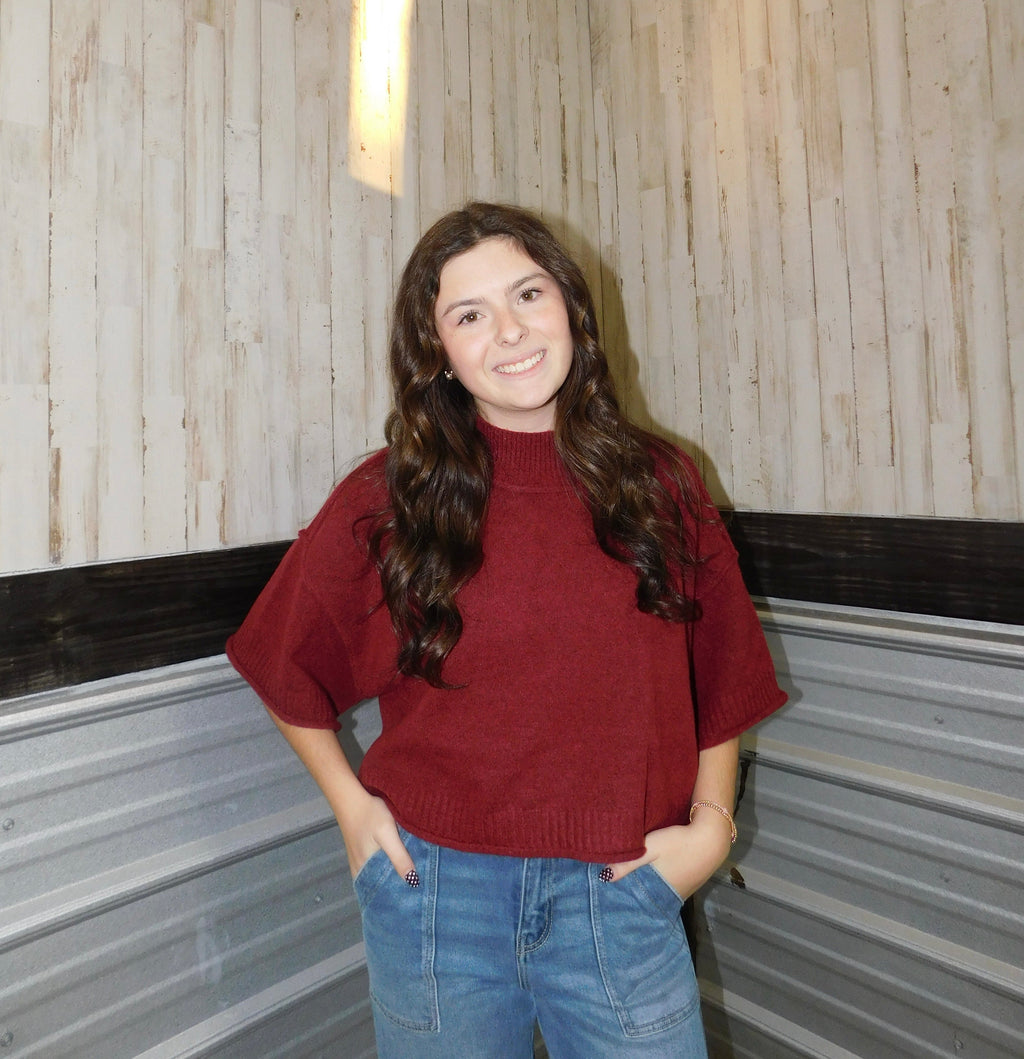 Mock Neck Short Sleeve Sweater