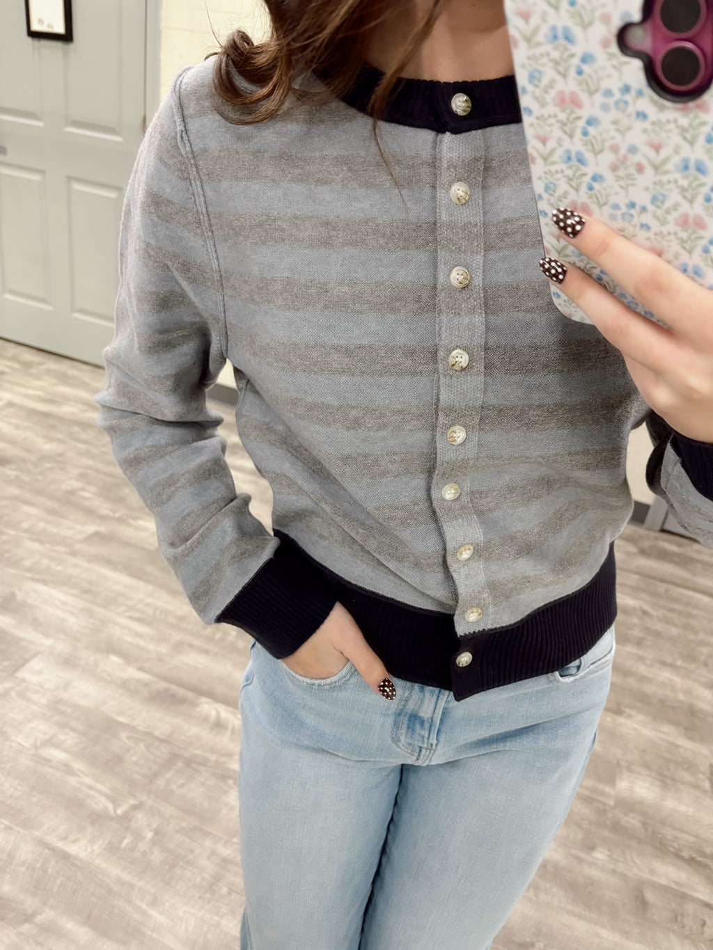 Gray/Blue Stripe Cardigan Top