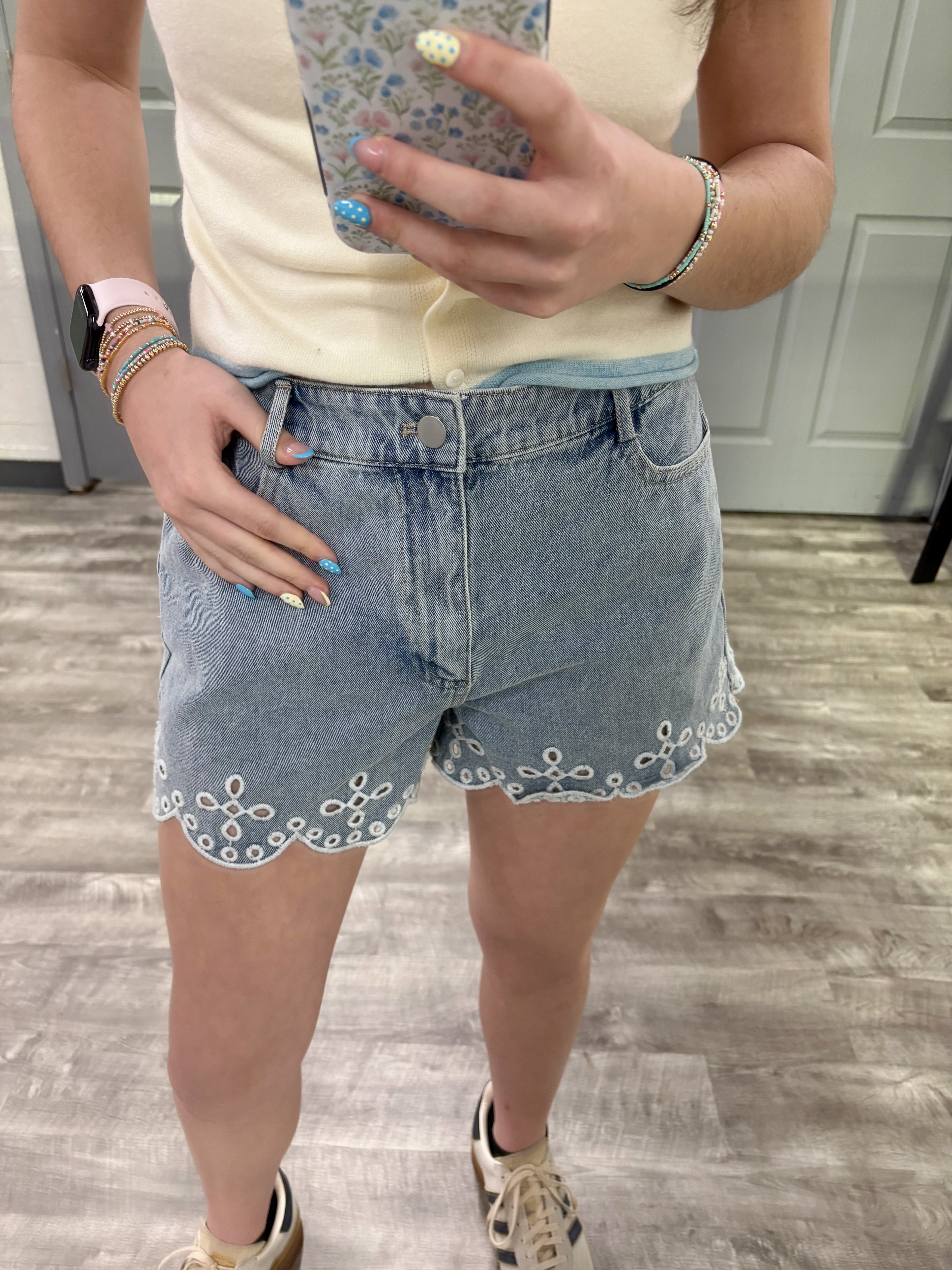 Scallop Eyelet Denim Shorts