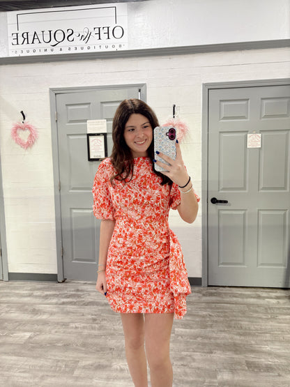 Ruched Floral Puff Sleeve Dress