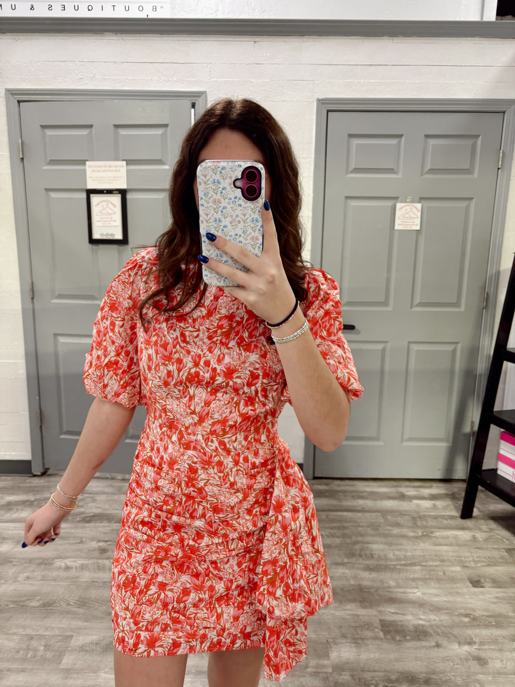 Ruched Floral Puff Sleeve Dress ￼