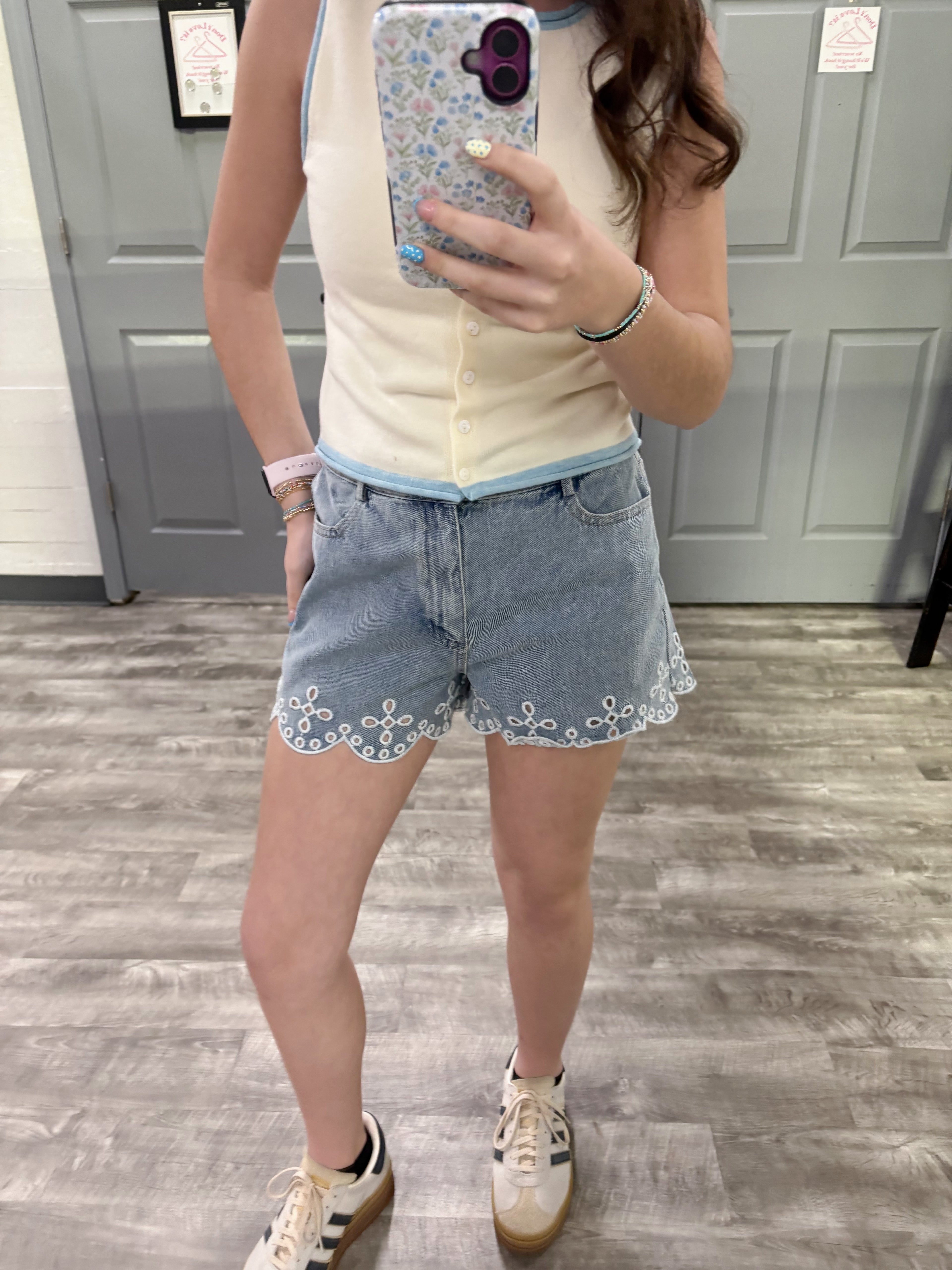 Scallop Eyelet Denim Shorts