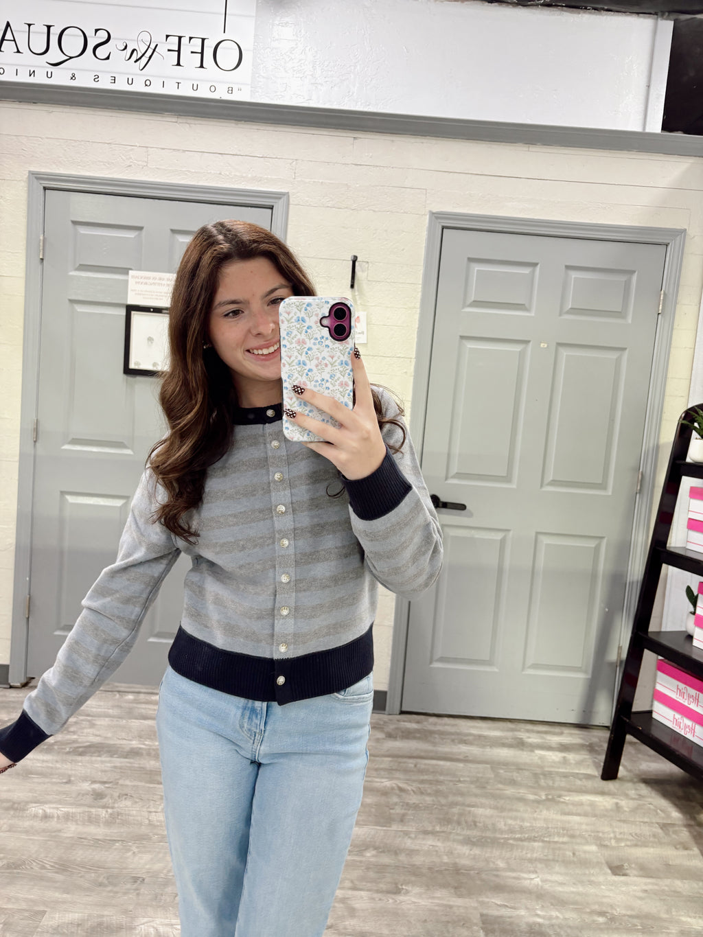 Gray/Blue Stripe Cardigan Top