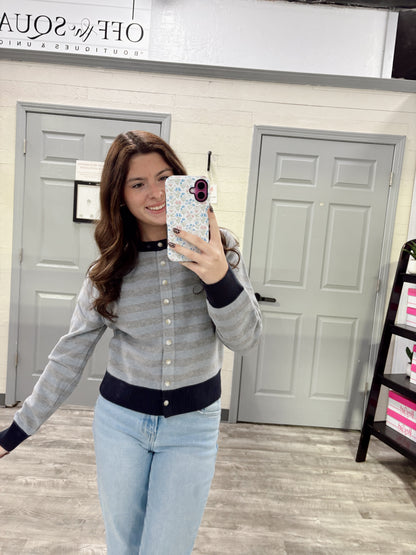 Gray/Blue Stripe Cardigan Top