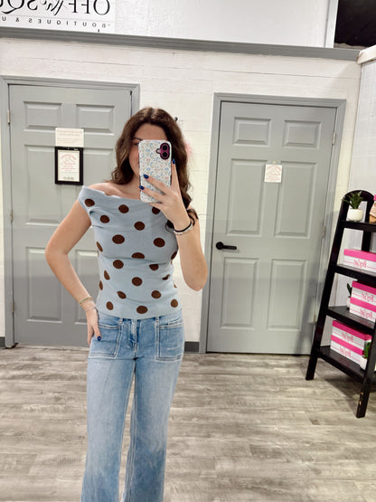 Polka Dot Asymmetrical Neck Top