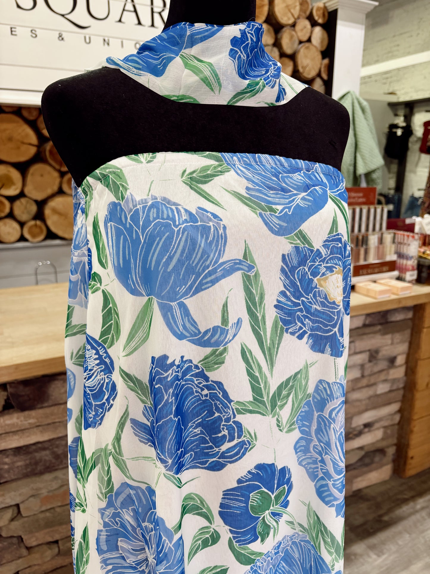 Blue Floral Strapless Dress w Neck Scarf