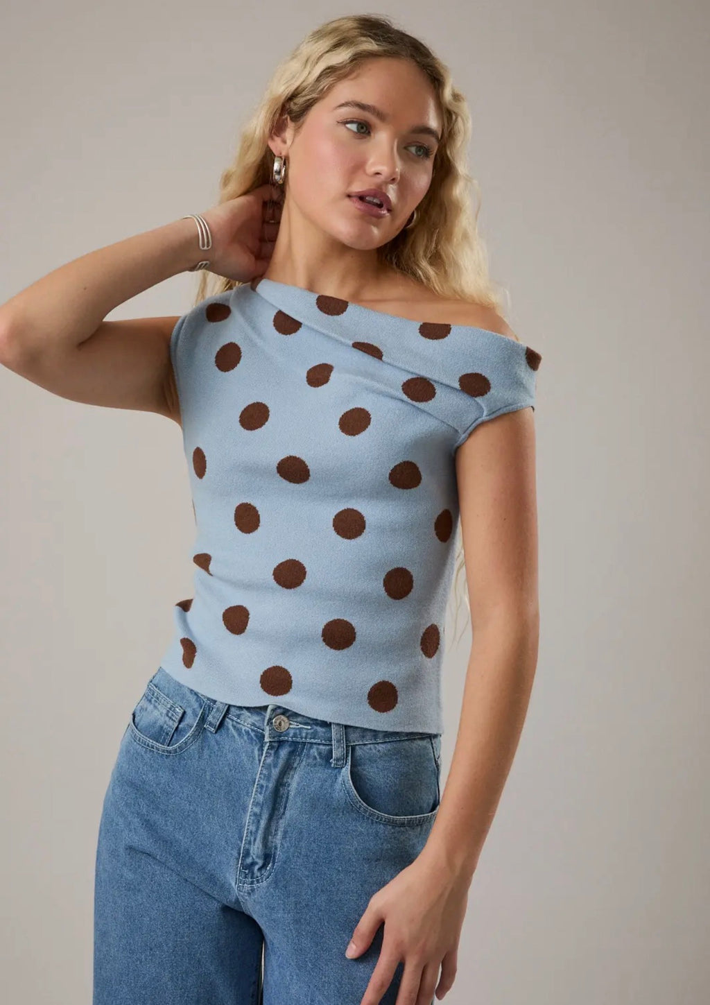 Polka Dot Asymmetrical Neck Top