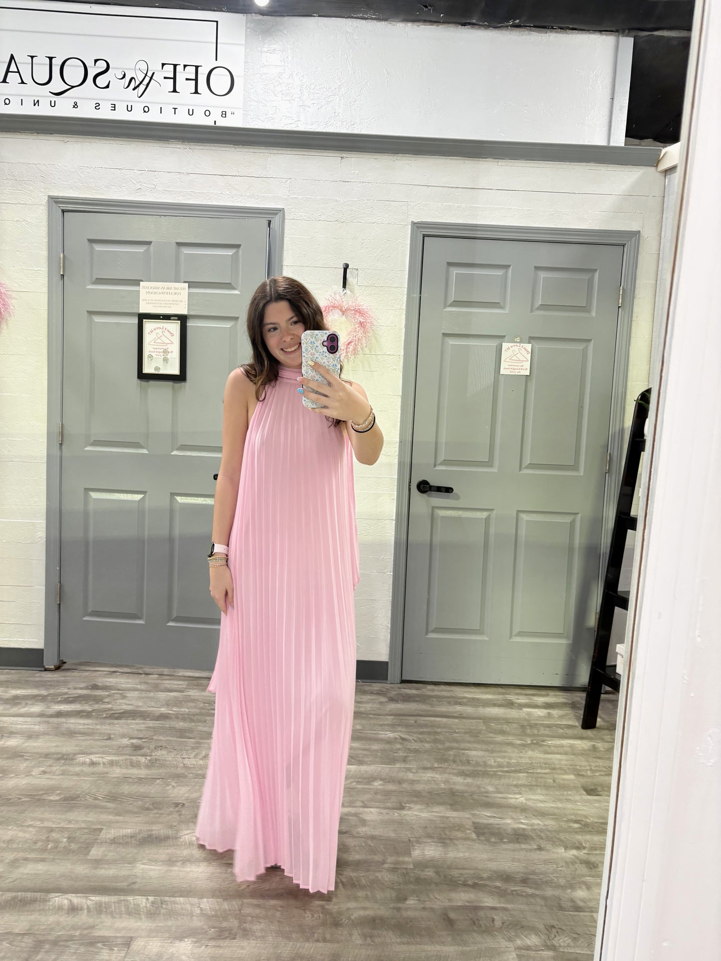 Pink Pleated Dress w Neck Scarf