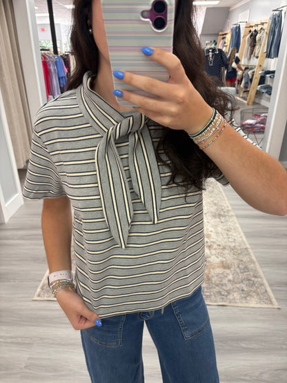 Grey Stripe Top w Neck Tie