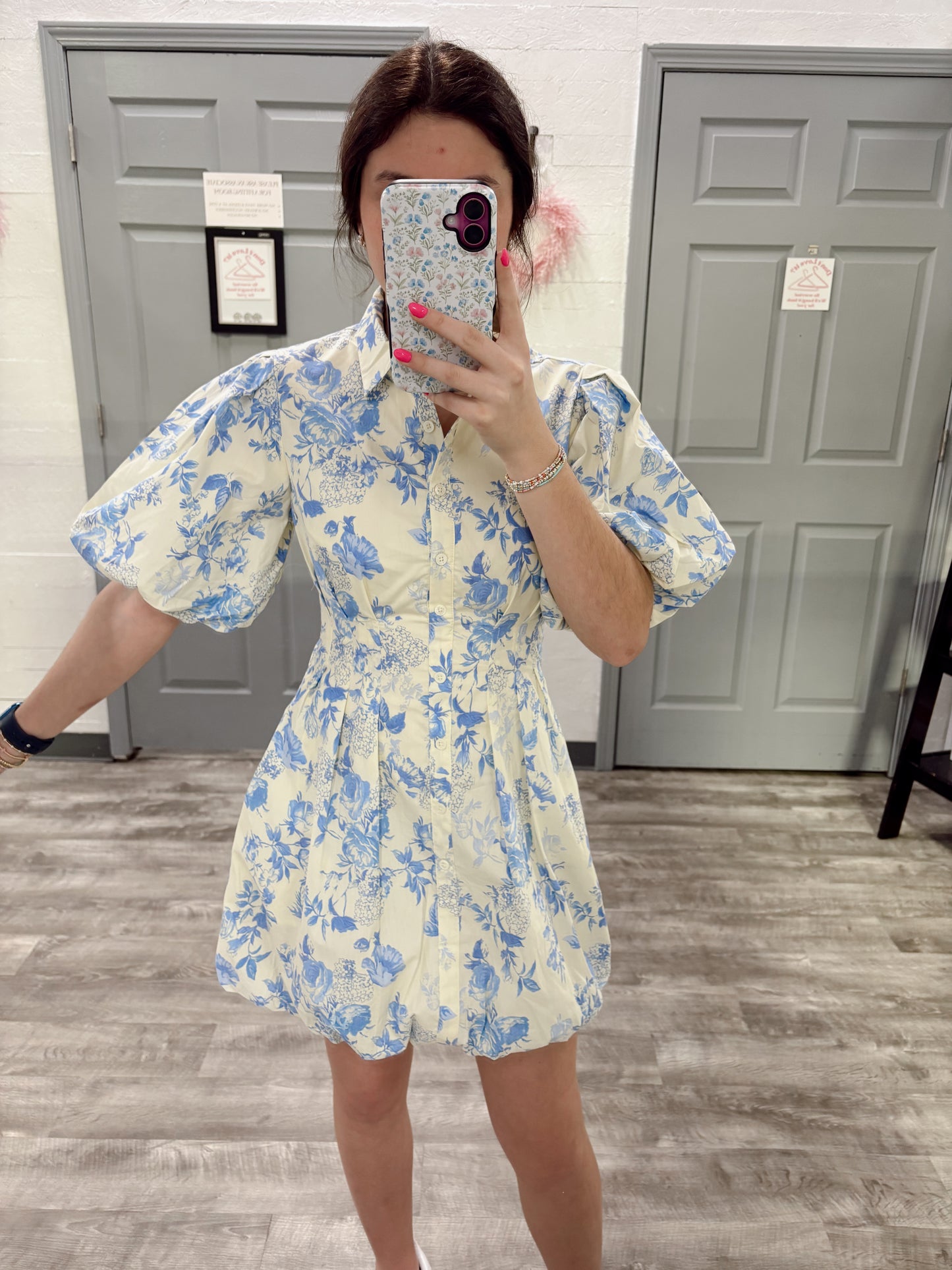 Blue/Butter Floral Bubble Dress