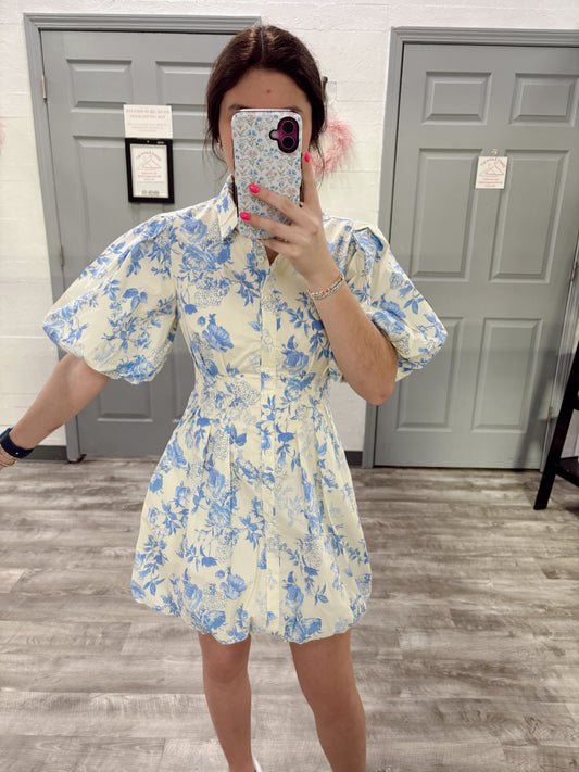 Blue/Butter Floral Bubble Dress
