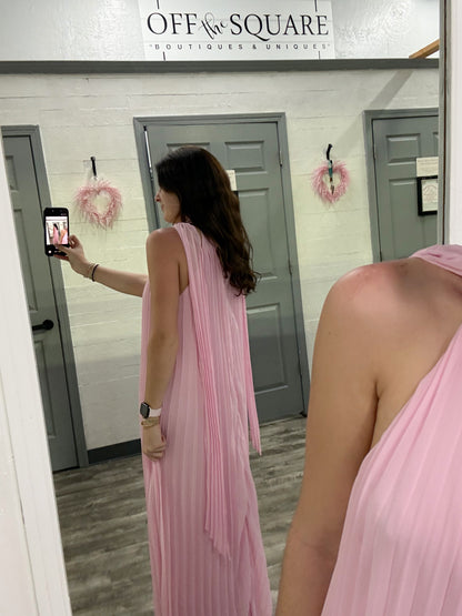 Pink Pleated Dress w Neck Scarf