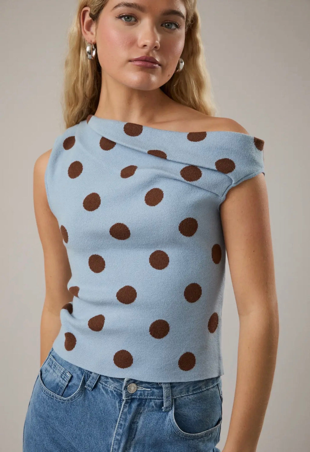 Polka Dot Asymmetrical Neck Top