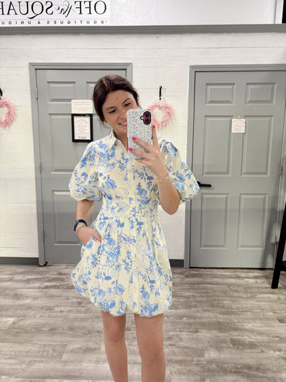 Blue/Butter Floral Bubble Dress