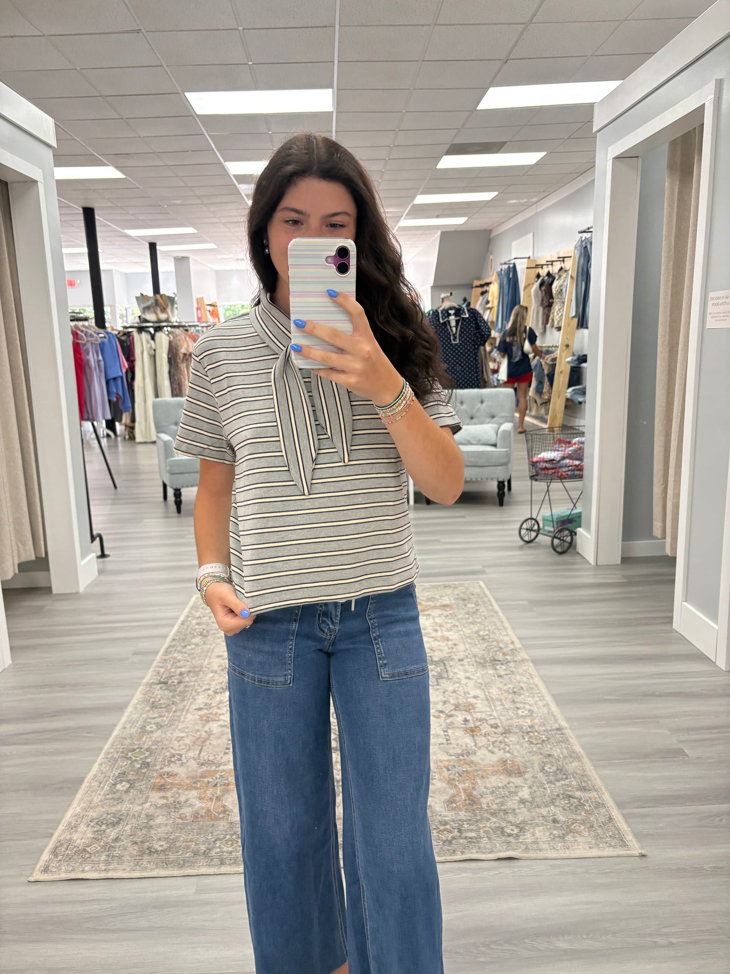 Grey Stripe Top w Neck Tie