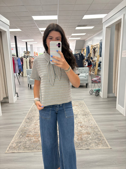 Grey Stripe Top w Neck Tie