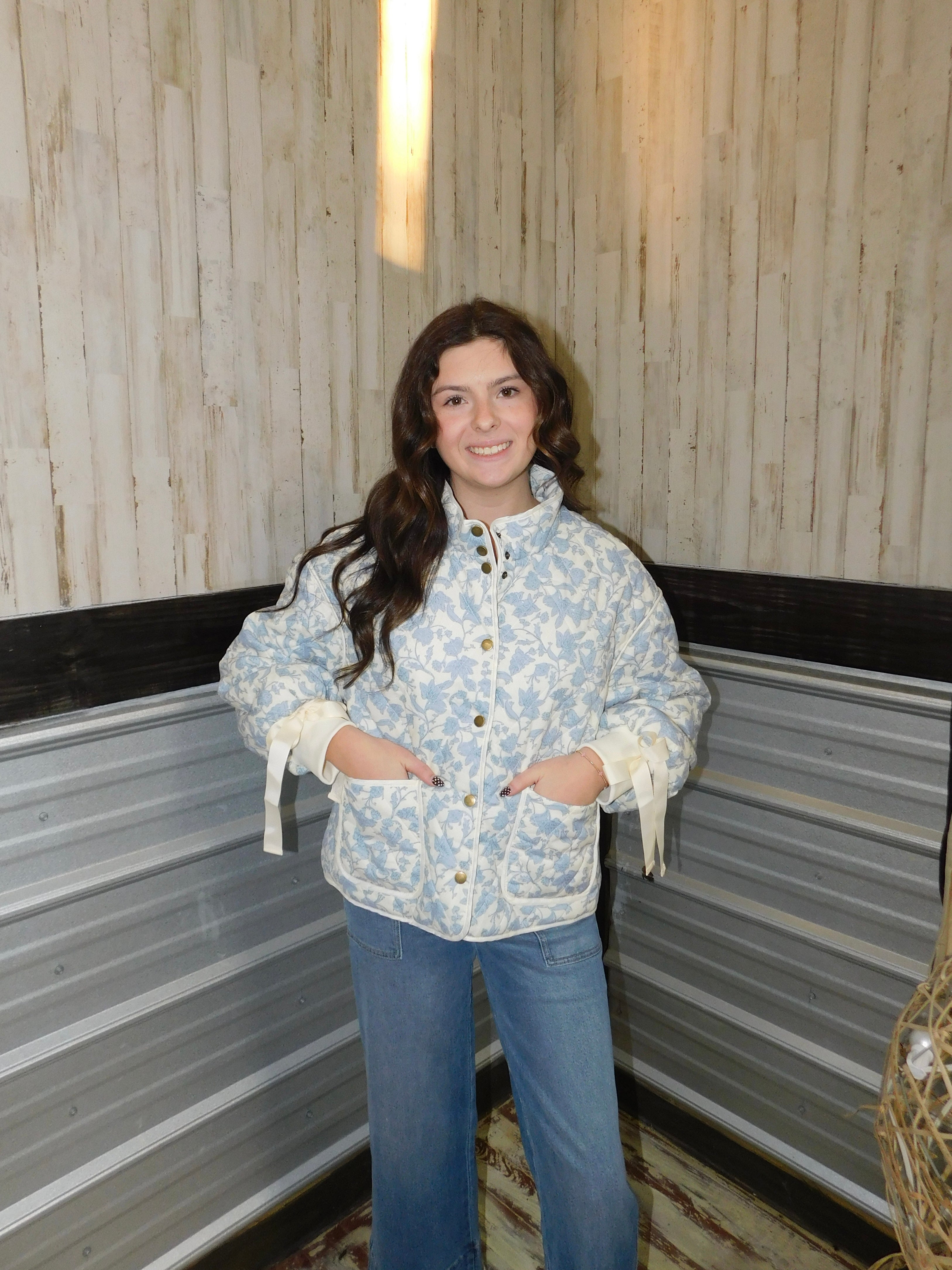 Floral Quilted Jacket with Bow Detail