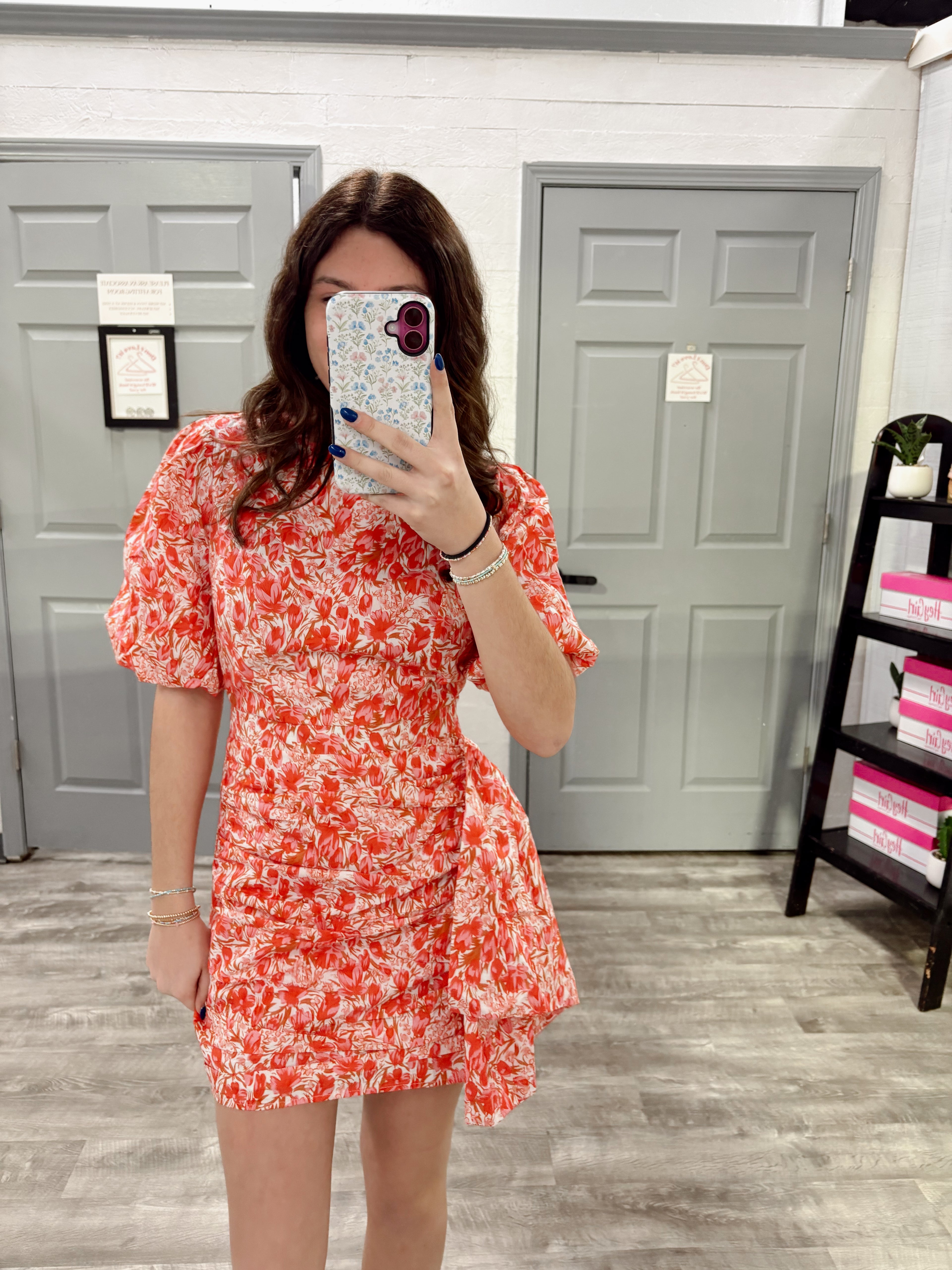 Ruched Floral Puff Sleeve Dress ￼