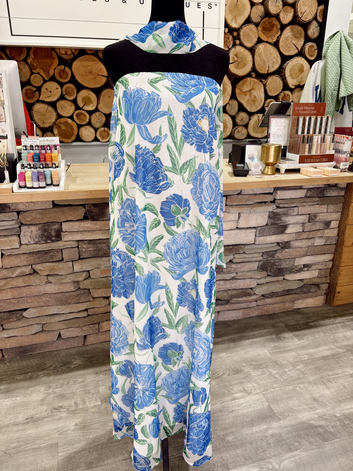 Blue Floral Strapless Dress w Neck Scarf
