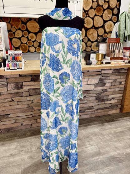Blue Floral Strapless Dress w Neck Scarf