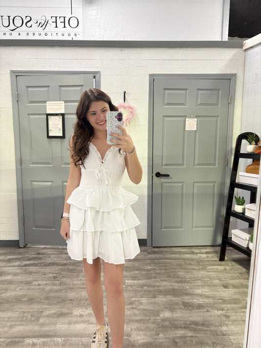 White Tiered Mini Dress ￼