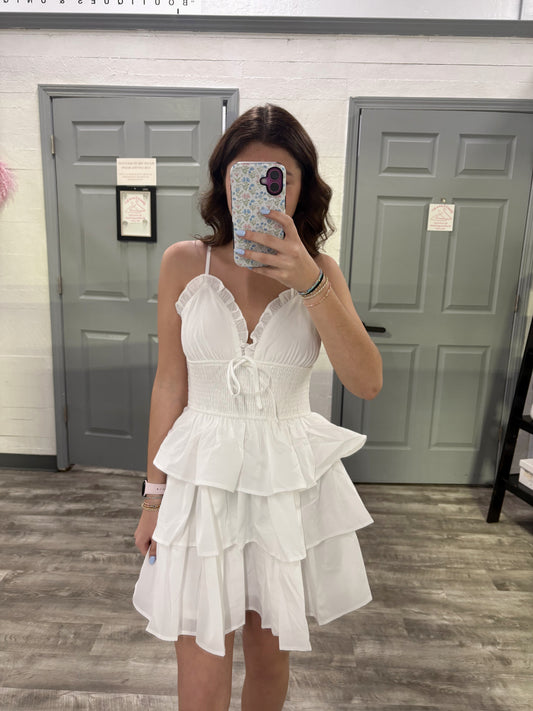 White Tiered Mini Dress ￼