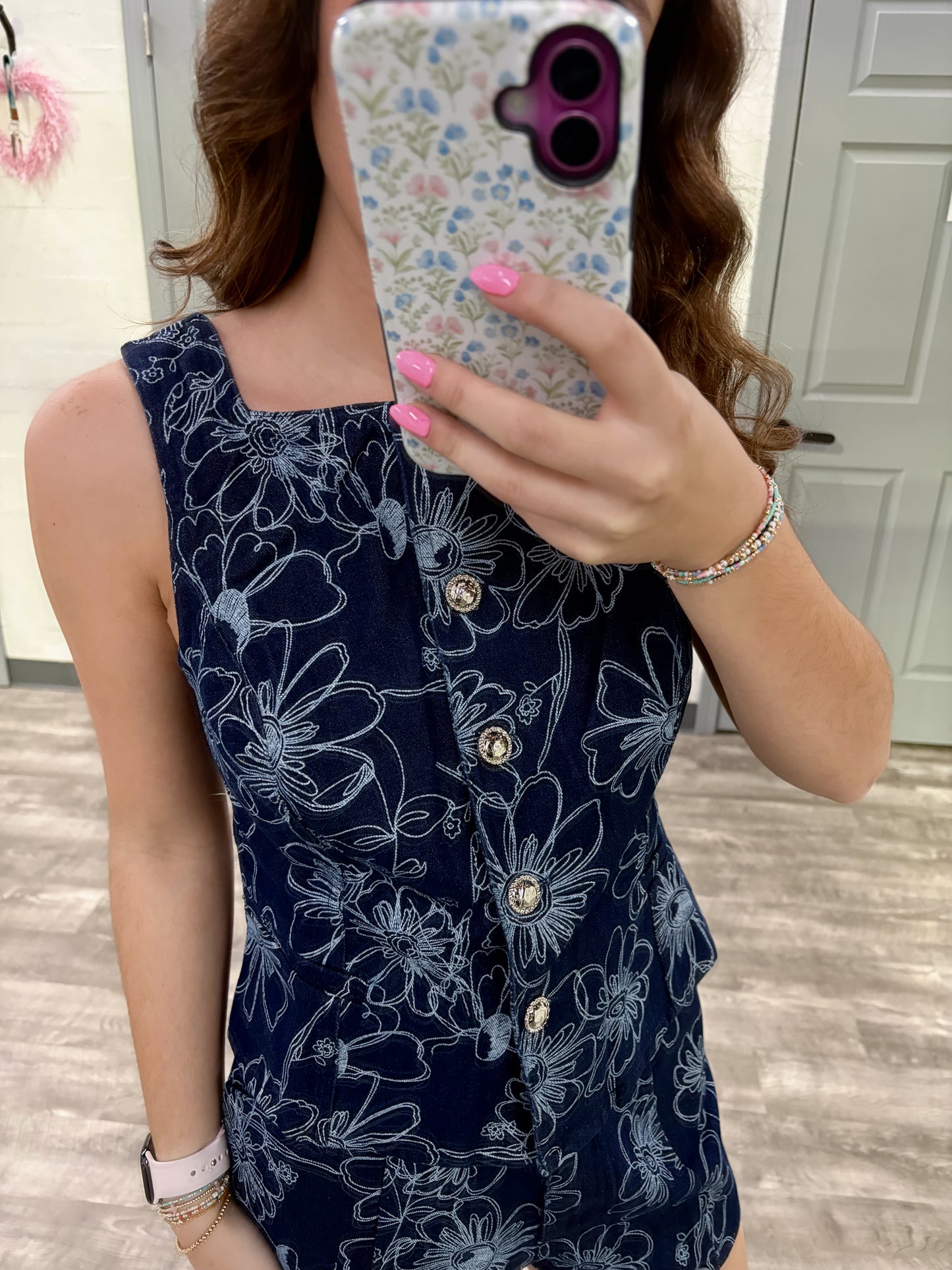 Denim/White Floral Top