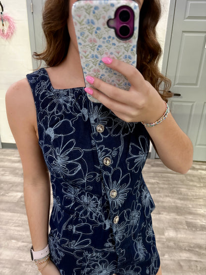 Denim/White Floral Top