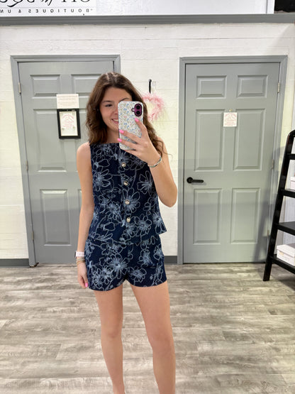 Denim/White Floral Top