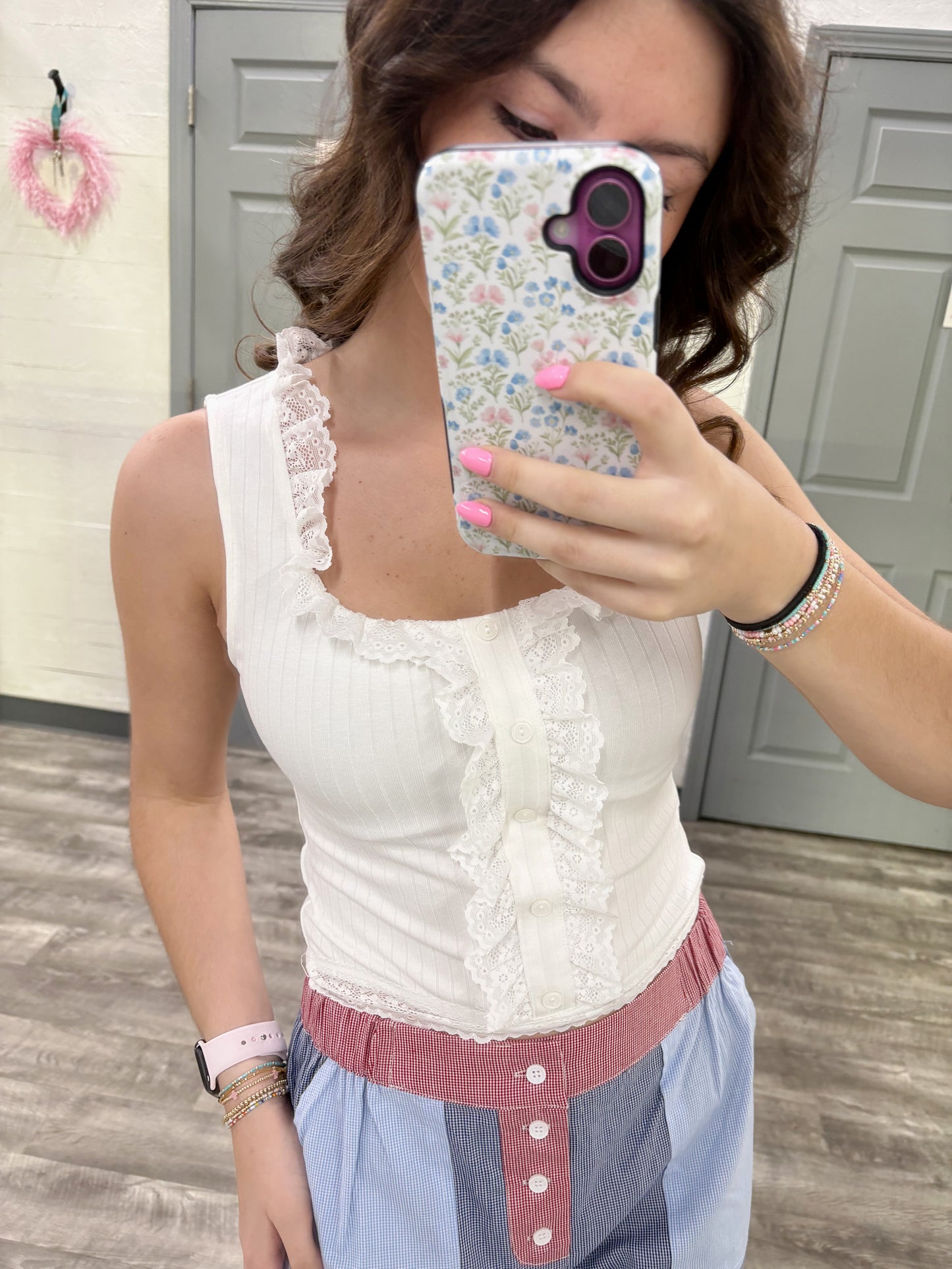 Sleeveless Ribbed Top w Lace Detail