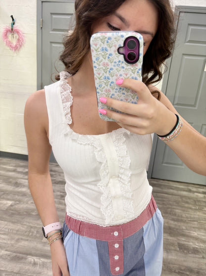 Sleeveless Ribbed Top w Lace Detail